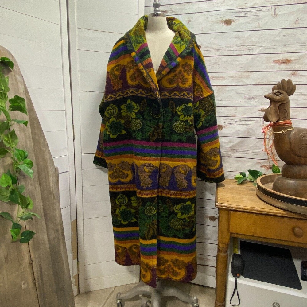 GALLERY Wool Blend Bohemian Floral Tapestry Long Trench Winter Coat Women’s S